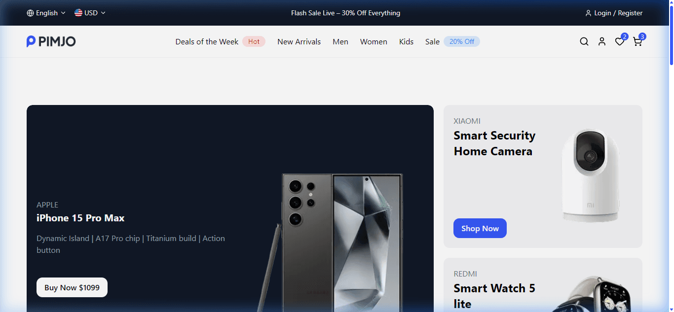 Screenshot preview of Pimjo Modern E-Commerce Store