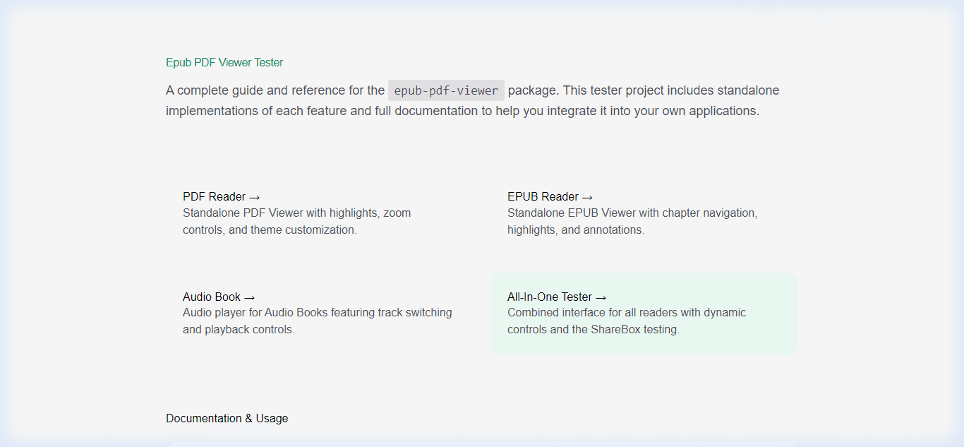 Screenshot preview of EPUB & PDF Viewer Open-Source Library & Tester